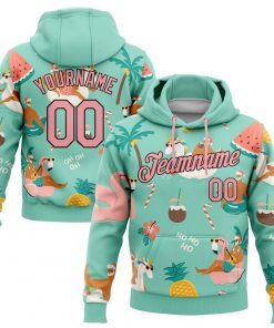 Custom Aqua Medium Pink Brown Tropical Christmas Santas With Reindeers And Flamingos Sports Pullover Sweatshirt Hoodie