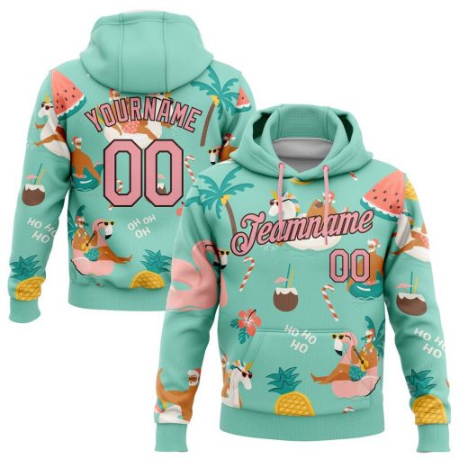 Custom Aqua Medium Pink Brown Tropical Christmas Santas With Reindeers And Flamingos Sports Pullover Sweatshirt Hoodie