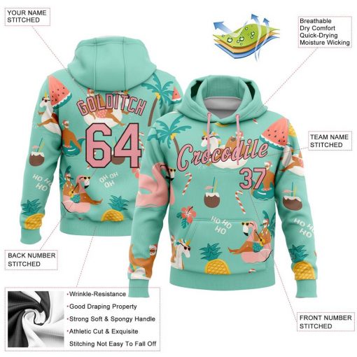 Custom Aqua Medium Pink Brown Tropical Christmas Santas With Reindeers And Flamingos Sports Pullover Sweatshirt Hoodie