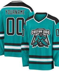 Custom Aqua Black White Hockey Jersey