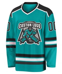 Custom Aqua Black White Hockey Jersey