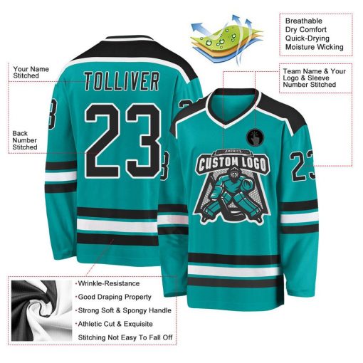 Custom Aqua Black White Hockey Jersey