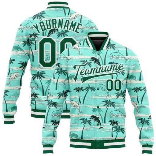 Custom Aqua Kelly Green-White Hawaii Palm Trees Varsity Letterman Jacket