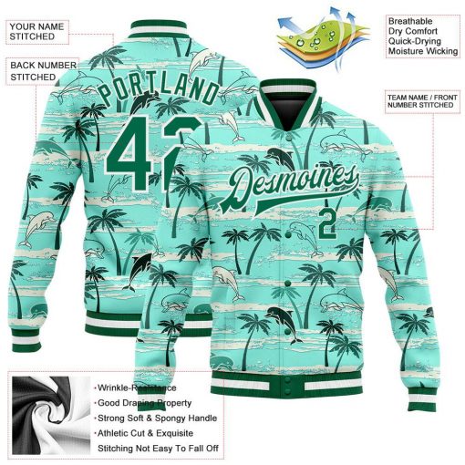 Custom Aqua Kelly Green-White Hawaii Palm Trees Varsity Letterman Jacket