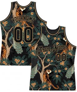 Custom Black Black Old Gold 3D Pattern Design Tiger And Peacock Authentic Basketball Jersey