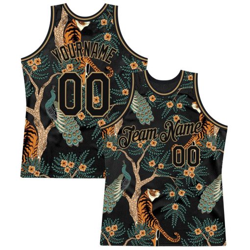 Custom Black Black Old Gold 3D Pattern Design Tiger And Peacock Authentic Basketball Jersey