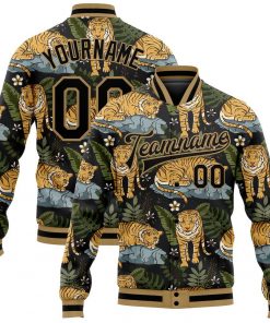 Custom Black Old Gold Tropical Tiger With Palms Varsity Letterman Jacket