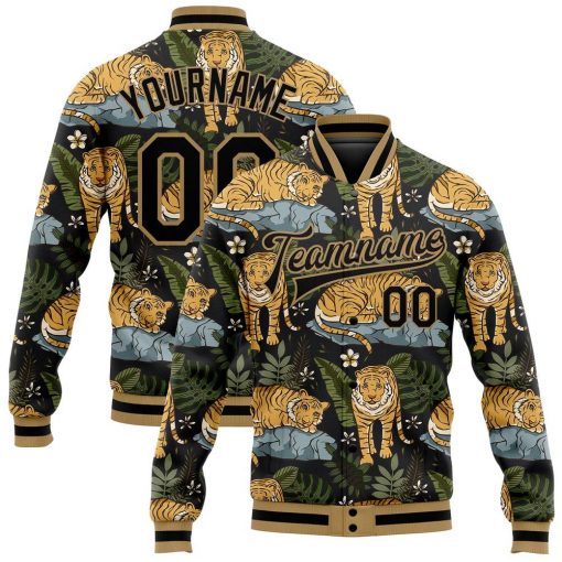 Custom Black Old Gold Tropical Tiger With Palms Varsity Letterman Jacket