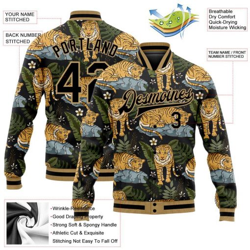 Custom Black Old Gold Tropical Tiger With Palms Varsity Letterman Jacket