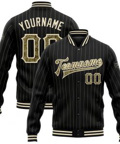 Custom Black Cream Pinstripe Camo Varsity Letterman Jacket