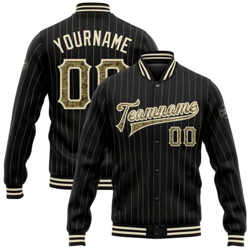 Custom Black Cream Pinstripe Camo Varsity Letterman Jacket