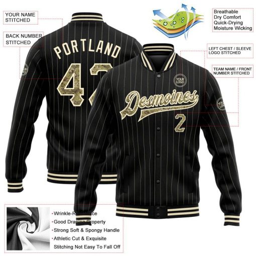 Custom Black Cream Pinstripe Camo Varsity Letterman Jacket