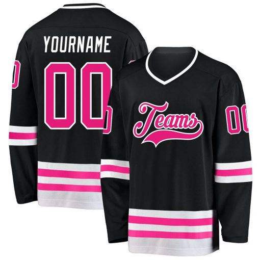 Custom Black Hot Pink White Hockey Jersey