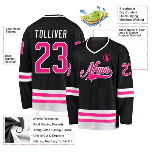 Custom Black Hot Pink White Hockey Jersey