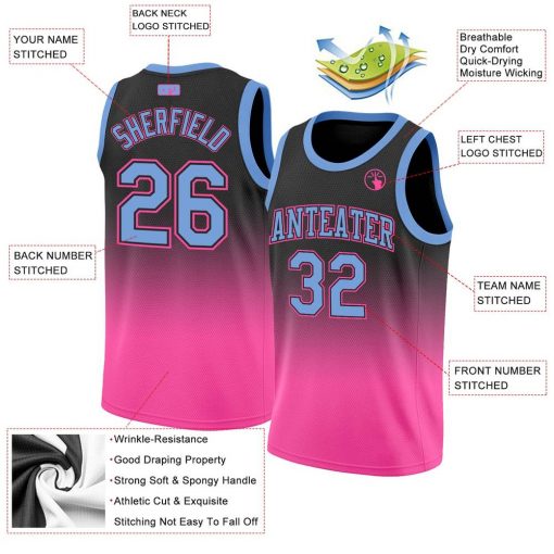 Custom Black Light Blue Pink Authentic Fade Fashion Basketball Jersey