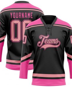 Custom Black Medium Pink Hockey Lace Neck Jersey