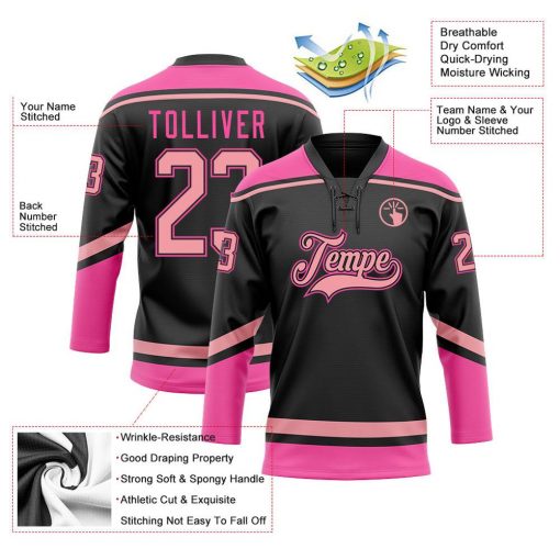 Custom Black Medium Pink Hockey Lace Neck Jersey