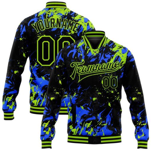 Custom Black Neon Green Royal 3D Pattern Design Varsity Letterman Jacket