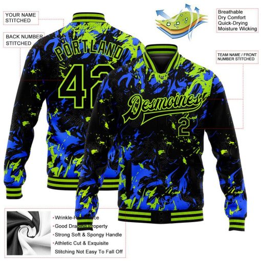 Custom Black Neon Green Royal 3D Pattern Design Varsity Letterman Jacket