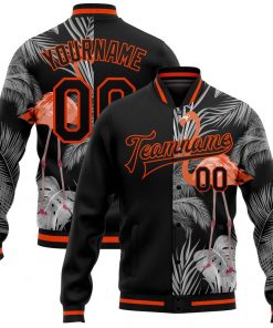 Custom Black Orange Gray Flamingo And Tropical Hawaii Palm Plants Varsity Letterman Jacket 1