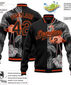 Custom Black Orange Gray Flamingo And Tropical Hawaii Palm Plants Varsity Letterman Jacket