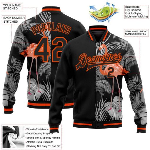 Custom Black Orange Gray Flamingo And Tropical Hawaii Palm Plants Varsity Letterman Jacket