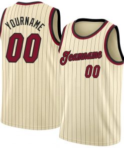 Custom Cream Black Pinstripe Maroon Black Basketball Jersey