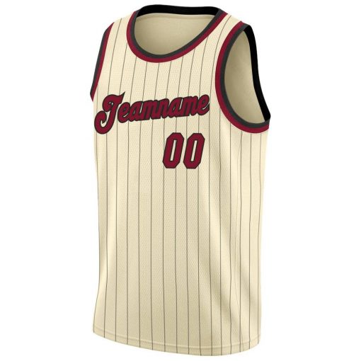 Custom Cream Black Pinstripe Maroon Black Basketball Jersey