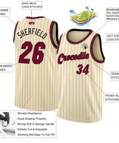 Custom Cream Black Pinstripe Maroon Black Basketball Jersey