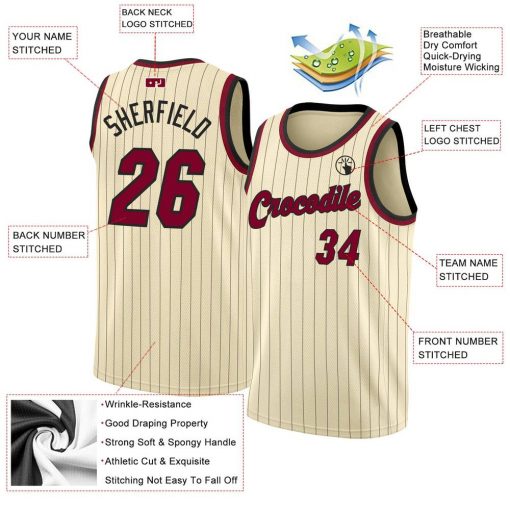 Custom Cream Black Pinstripe Maroon Black Basketball Jersey