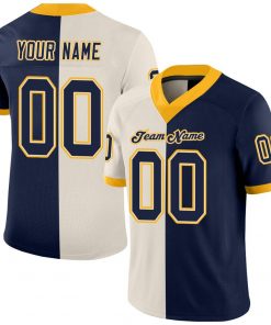 Custom Cream Navy Gold Mesh Split Fashion Football Jersey