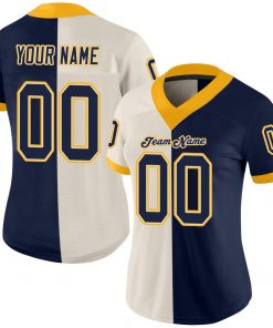 Custom Cream Navy Gold Mesh Split Fashion Football Jersey