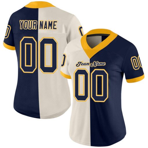 Custom Cream Navy Gold Mesh Split Fashion Football Jersey