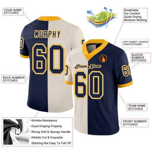 Custom Cream Navy Gold Mesh Split Fashion Football Jersey