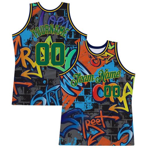 Custom Graffiti Pattern Kelly Green Gold Geometric Basketball Jersey