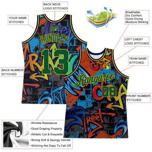 Custom Graffiti Pattern Kelly Green Gold Geometric Basketball Jersey