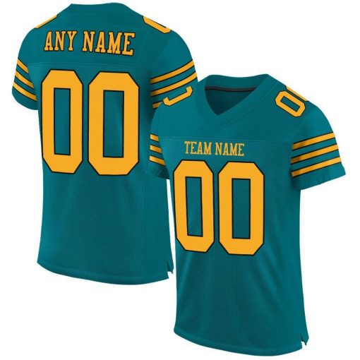 Custom Teal Gold Black Mesh Authentic Football Jersey