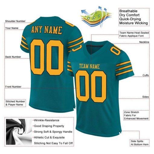 Custom Teal Gold Black Mesh Authentic Football Jersey