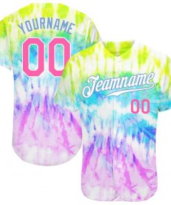 Custom Tie Dye Pink Light Blue 3D Rainbow Authentic Baseball Jersey