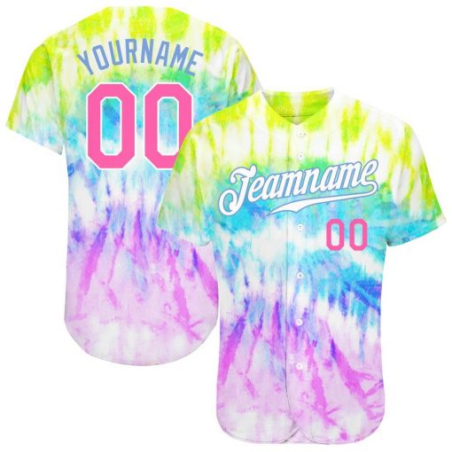 Custom Tie Dye Pink Light Blue 3D Rainbow Authentic Baseball Jersey