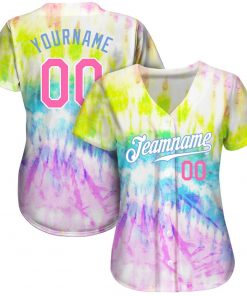 Custom Tie Dye Pink Light Blue 3D Rainbow Authentic Baseball Jersey