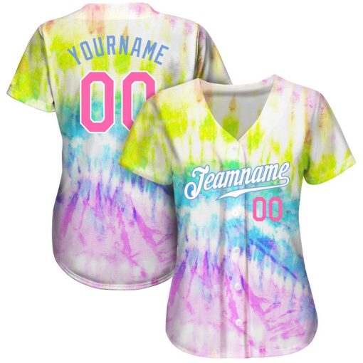 Custom Tie Dye Pink Light Blue 3D Rainbow Authentic Baseball Jersey