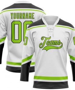 Custom White Neon Green Black Hockey Lace Neck Jersey