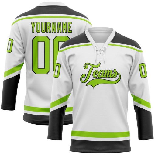 Custom White Neon Green Black Hockey Lace Neck Jersey