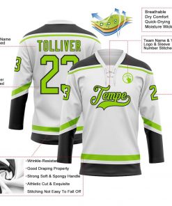 Custom White Neon Green Black Hockey Lace Neck Jersey