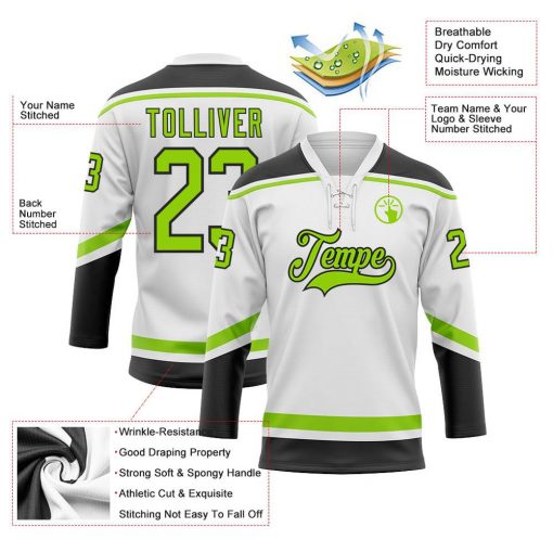 Custom White Neon Green Black Hockey Lace Neck Jersey