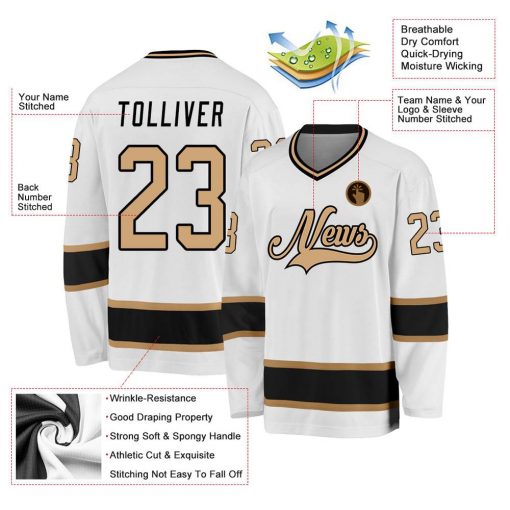 Custom White Old Gold Black Hockey Jersey