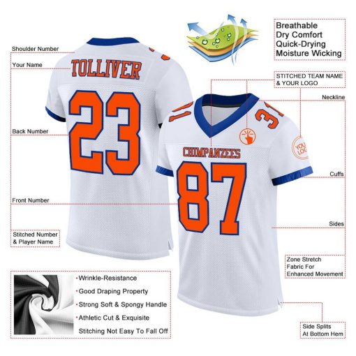 Custom White Orange Royal Mesh Authentic Football Jersey