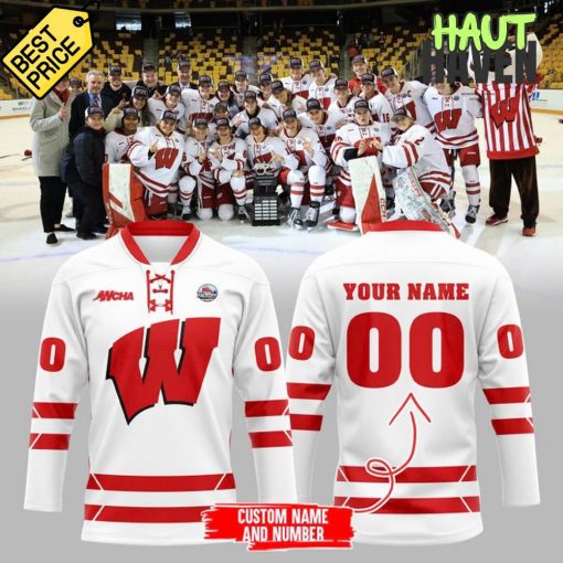 Wisconsin Badgers WCHA Final Faceoff Champions White Hockey Jersey